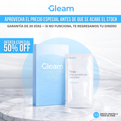 Gleam™ Tiras Blanqueadoras de Dientes | 2 Tonos Más Blanco en 30 Minutos.