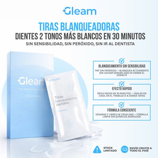 Gleam™ Tiras Blanqueadoras de Dientes | 2 Tonos Más Blanco en 30 Minutos.