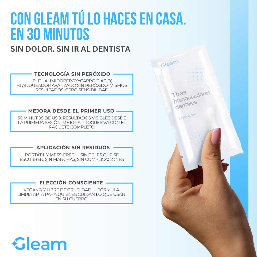 Gleam™ Tiras Blanqueadoras de Dientes | 2 Tonos Más Blanco en 30 Minutos.