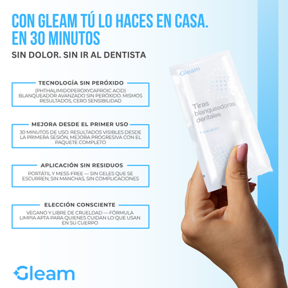 Gleam™ Tiras Blanqueadoras de Dientes | 2 Tonos Más Blanco en 30 Minutos.