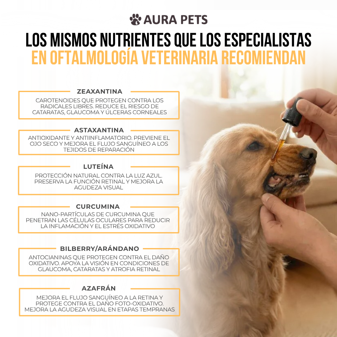 AuraPets™ Nano-Gotas Sublinguales para Ojos de Mascota — Ojos Nublados, Lagrimeo y Legañas